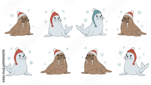 Festive illustration of various seals and walruses wearing red and blue winter hats while snowflakes fall on white background.