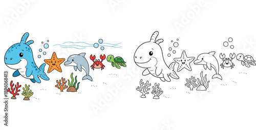 Cute cartoon sea animals swimming under water, happy ocean creatures like dolphin, crab, turtle, starfish and sea monster, vector illustration for kids