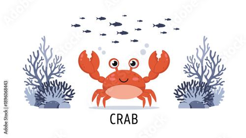 Cute red crab standing underwater on the seafloor surrounded by blue coral reefs, seaweed, and a school of swimming fish.