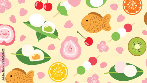 Delightful seamless pattern of traditional Japanese sweets including dango, taiyaki, and mochi on a warm yellow background.