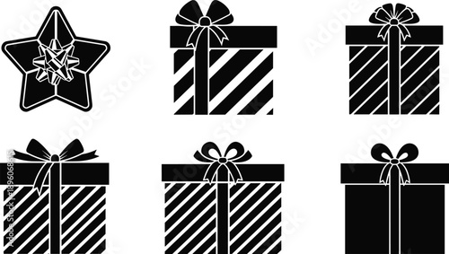 Black and white gift boxes and star with ribbons and bows