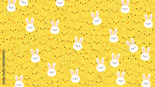 Dense and cute pattern featuring many small yellow chicks with several white rabbits hidden among them on a yellow background.