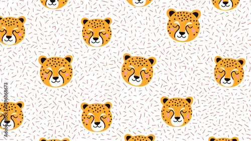 Sweet seamless pattern of cute cheetah faces with closed eyes and pink cheeks scattered on a brown speckled background.
