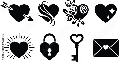 Black and white heart symbols with various and including arrow, flame, roses, stars, lock, key, and envelope