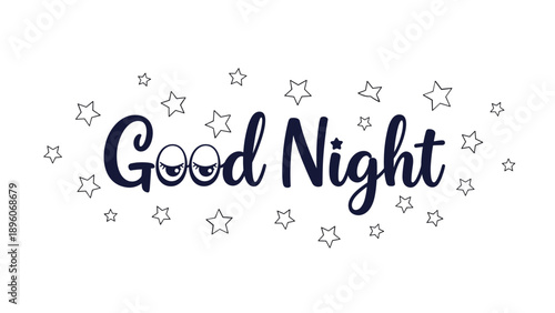 Whimsical good night typography in a navy blue cursive font surrounded by many small outlined stars on a white background.
