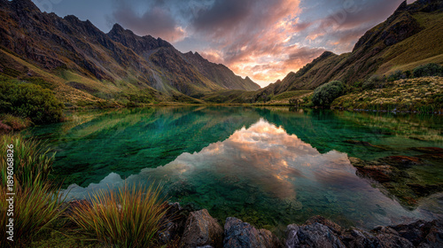 Mountain Lake at Sunset with Reflective Waters