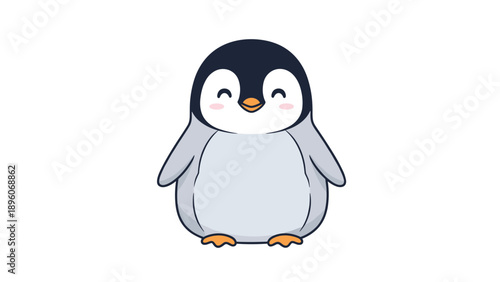 Adorable cartoon penguin standing with a friendly smile and rosy cheeks isolated on a plain white background for kids.