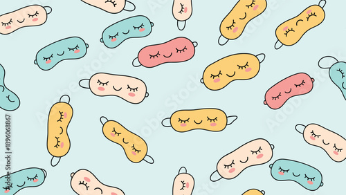 Whimsical sleep mask seamless pattern with colorful eye covers in yellow, pink, and teal on a soft blue background.