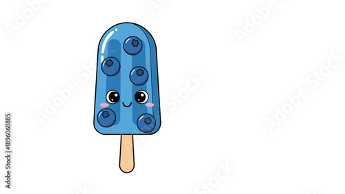 Cute blueberry popsicle cartoon character with a happy face and fresh berries on a white background for summer themes.