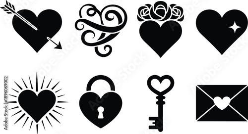 Black and white heart with various symbols including arrow, swirls, roses, star, lock, key, and envelope