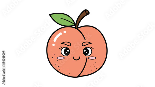 Sweet peach cartoon character with a happy smiling face and rosy cheeks isolated on a plain white background for design.