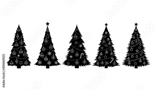 Front-view decorated Christmas tree silhouette vector set isolated on white