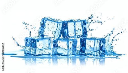 Splashing crystal clear ice cubes, fresh water, melting, realistic, cool transparent blocks, refreshing concept, summer, beverage, minimal, clean, pure, hydration.