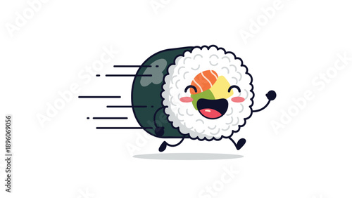 Fast moving sushi roll cartoon character running with speed lines on a white background for food delivery concept design.