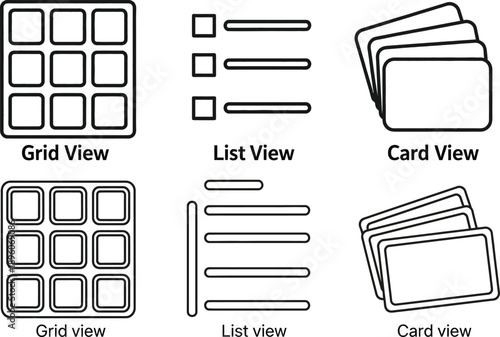 Six different list view icons isolated on transparent background