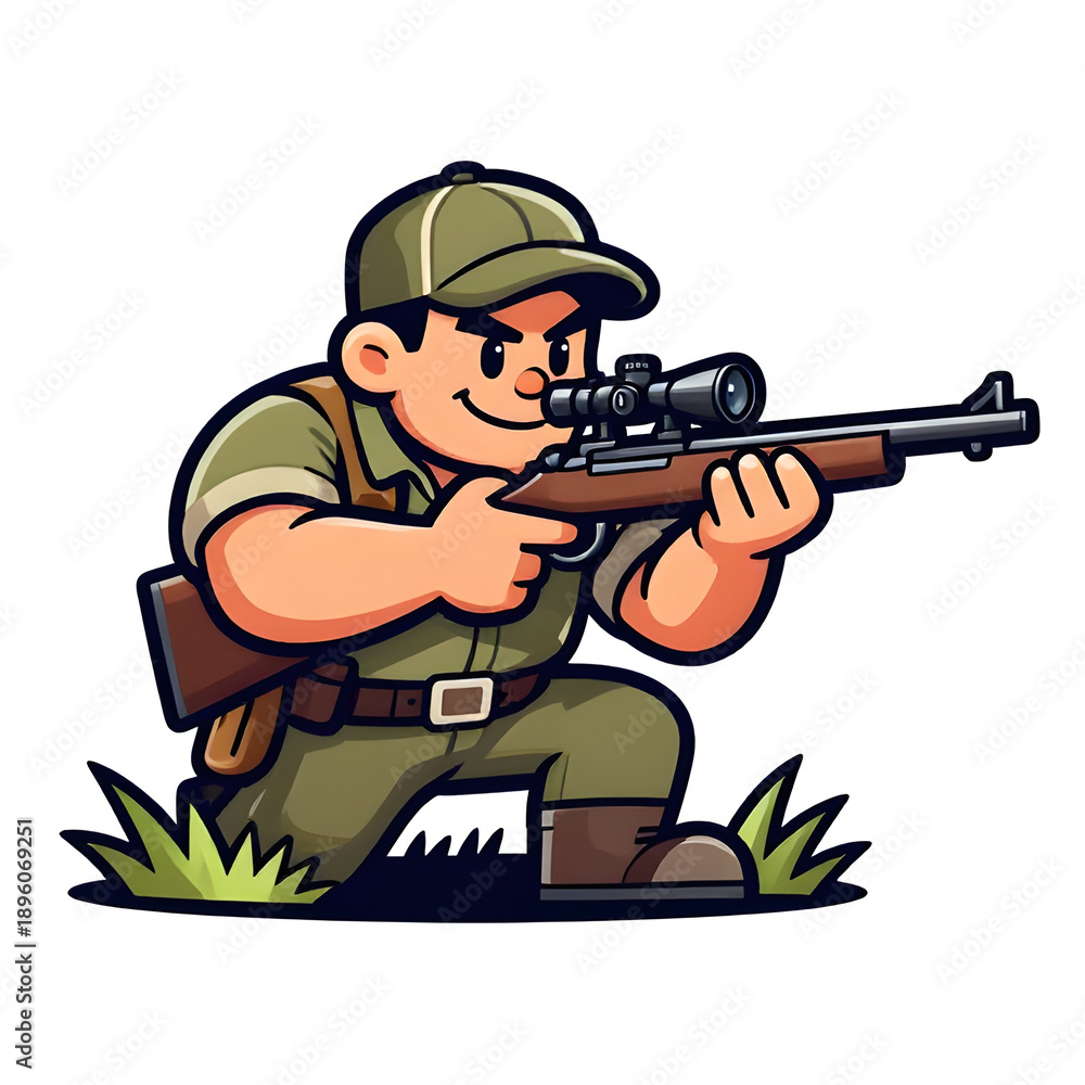 Fototapeta premium A burly hunter with a rifle. Dressed in hunting clothes. Cartoon mascot, illustration, clean lines, flat design, modern, high quality