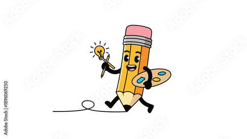 Creative pencil cartoon character holding an artist palette and drawing a line with a glowing lightbulb idea for schools.