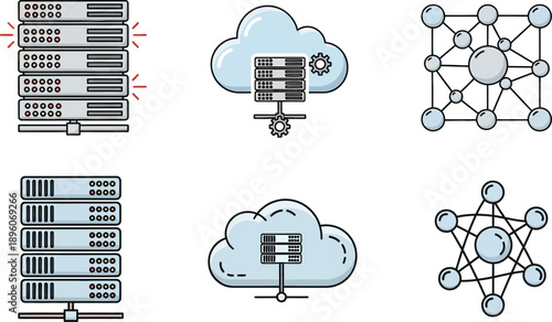 Cloud computing and networking infrastructure icons isolated on transparent background