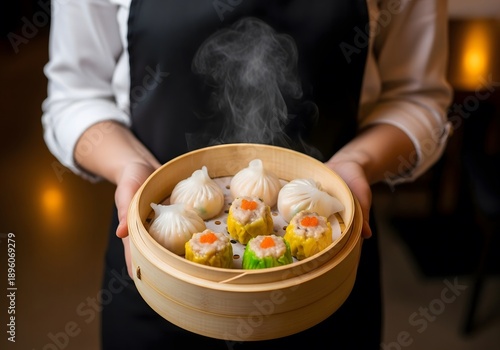 Dim sum assortment of steamed dumplings and savory bites served in a bamboo steamer.