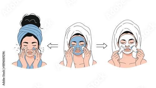 Illustration of a woman demonstrating skincare steps with a facial mask including application and rinsing for beauty guide.