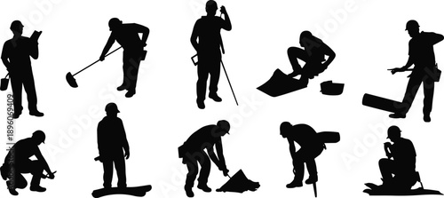 Construction worker silhouettes set isolated on white background, black and white labor people with tools, industrial building activities, minimal vector illustration