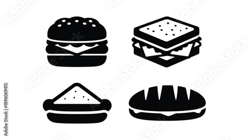 Vector Illustration of Various Sandwich and Burger Icons in Black Silhouette
