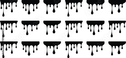 Dripping liquid silhouettes collection isolated on white background, black and white paint, ink and slime drip borders, abstract graphic design elements