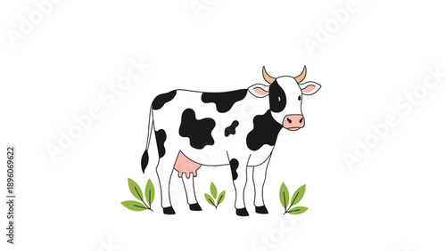 Illustration of a black and white spotted cow standing in a field with green leaves isolated on a plain white background.