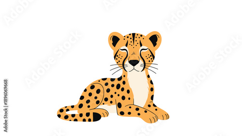 Cute cheetah cub character sitting and looking forward with its eyes closed on a plain white background for kids design.