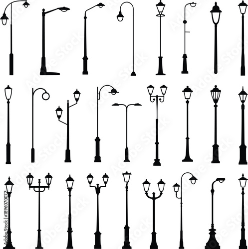 Street lamp icons set isolated on white background, black vintage and modern lamppost silhouettes for urban lighting, city design, vector collection