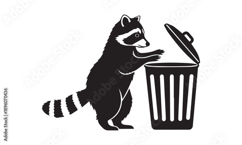 Black silhouette raccoon reaching into an open trash can on a white background.