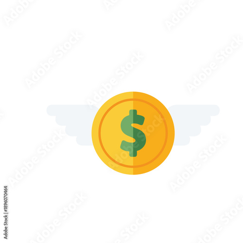 Golden coin with dollar sign and wings flying.