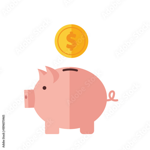 Pink Piggy Bank Receiving Golden Coin with Dollar Sign.