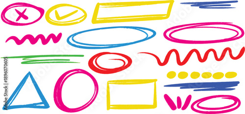 Colorful marker shapes, circles with X and check, rectangles, ovals, triangles, scribbles, spirals, wavy lines, creative abstract hand drawn graphic design accents.