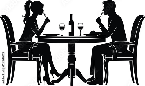 Couple sitting at a table with wine glasses and a bottle enjoying a meal dining chairs