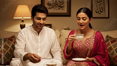 Pakistani Couple Enjoying Tea and Conversation in a Cozy Living Room.
