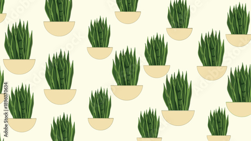 Seamless pattern of snake plants in white pots arranged on a light cream background for modern home interior decoration.