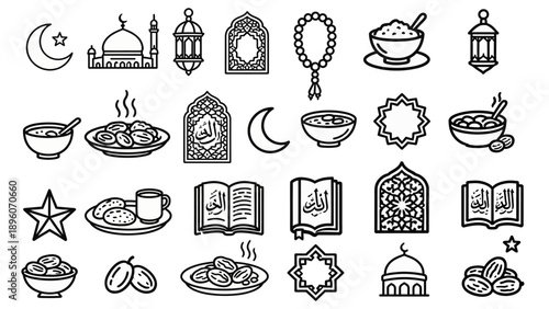 Ramadan Icon Set: This monochrome illustration captures the essence of Ramadan with a collection of iconic symbols. Depicting the religious significance and cultural traditions.