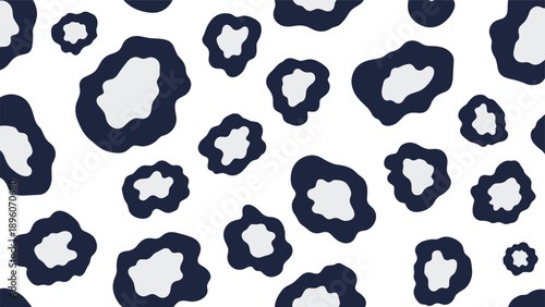 Modern abstract cheetah print seamless pattern with dark blue and grey spots on a clean white background for fashion fabric.