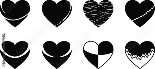 Eight black heart shapes with various line patterns and cracks on a white background