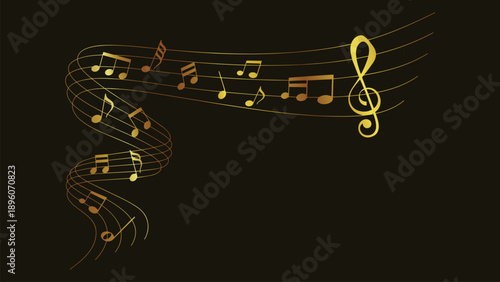 Golden music vector. Elegant treble clef. Flowing staff art. Metallic melody. Musical notation. Luxury sound wave. Gold rhythm design. Abstract audio art. Wavy sheet music. Premium song motif.
