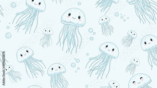 Cute seamless pattern featuring happy smiling jellyfish and small bubbles on a light blue underwater background.