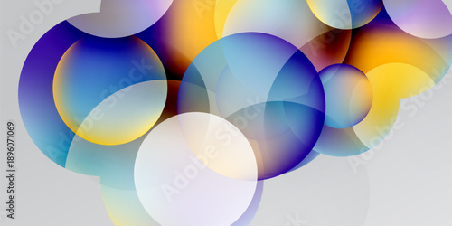 Abstract circles overlap, creating vibrant color blends. Gradient hues shift from blue to yellow, white dominates lower portion. Modern design.