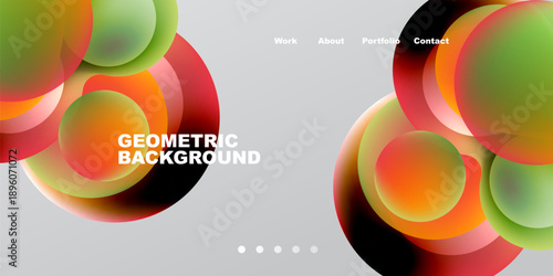 Abstract design features overlapping colorful circles. Gradient shades create dynamic visual effect. Minimalist text elements present navigation options.