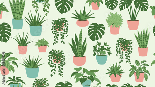 Seamless pattern showing various green houseplants in colorful terracotta and ceramic pots on a pale green background.