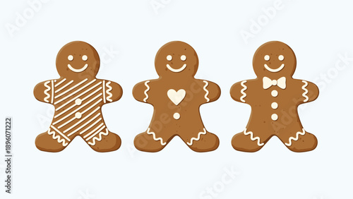 Three cute gingerbread men cookies with different white icing decorations and happy faces on a light blue background.