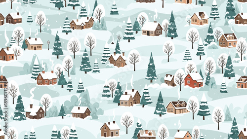 Seamless winter landscape pattern with snow covered houses pine trees and smoking chimneys in a charming village scene.