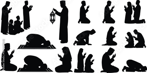 Diverse muslim figures in prayer poses a striking black silhouette