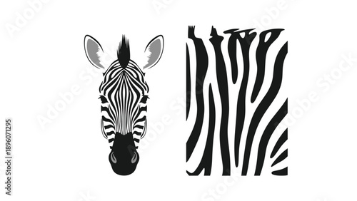Modern illustration featuring a zebra head and a matching black and white animal stripe pattern side by side on white.