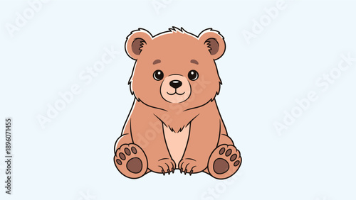 Sweet brown bear cub sitting with a gentle expression and large paws on a soft light blue background illustration.